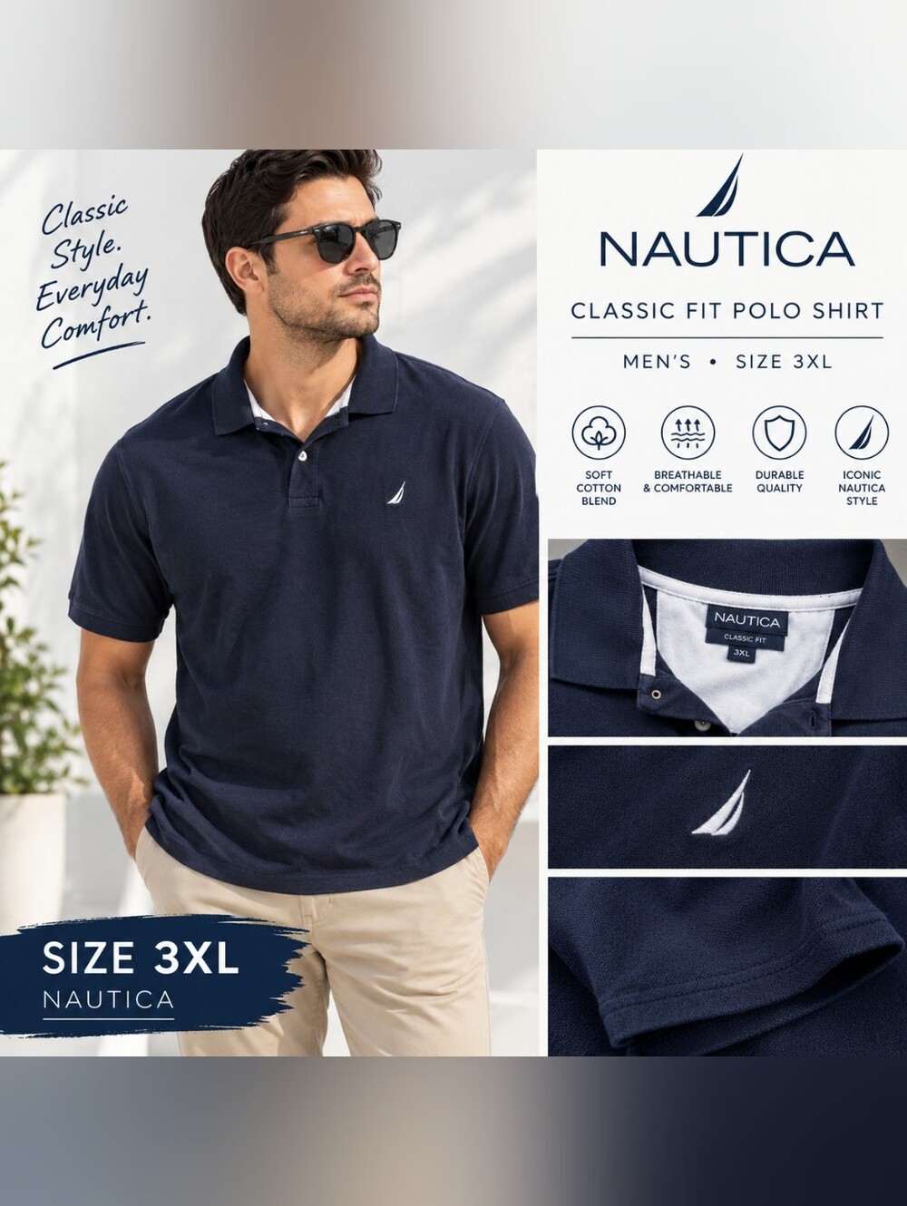 Nautica Classic Fit Navy Blue Polo Shirt - White Logo - Mens 3XL